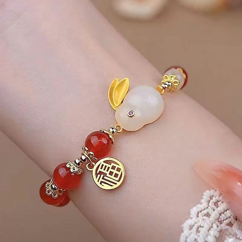 Nova pulseira de coelho de jade em estilo chinês para mulheres, design de nicho, alto apelo estético, pulseira para estu