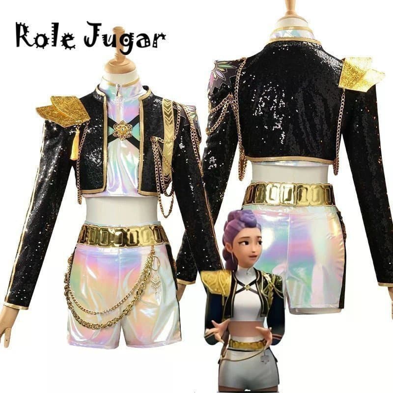 Fantasia de Cosplay Kpop Rumi Demon Slayer HUNTRIX, Perucas Pretas de Cantora, Roupas para Festa de Halloween ATCL SGQ7