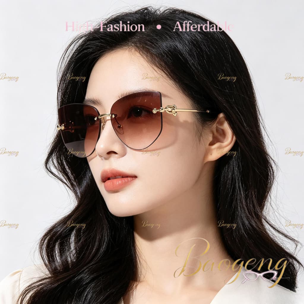 (BAOGENG) Óculos De Sol Euro-American New Arrival Thin Metal Temple Rimless Square Cat Eye UV400 Para Mulheres , De Prot
