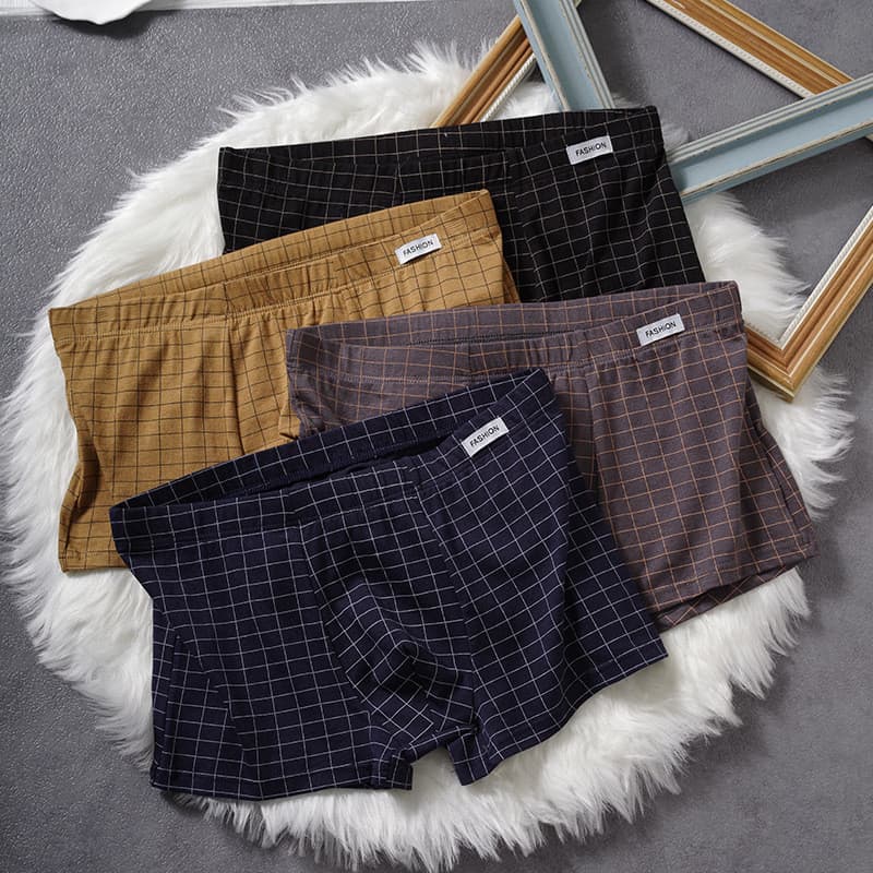 Cuecas boxer xadrez soltas, roupa íntima masculina de algodão puro, shorts de quatro cantos estilo juvenil, cuecas boxer