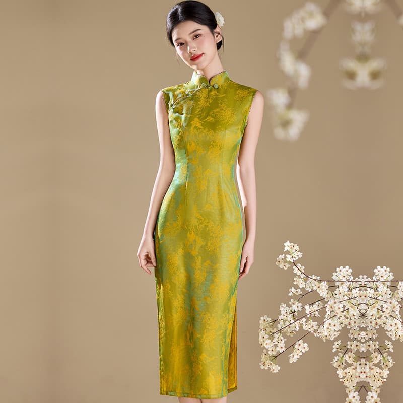 Melhorado Retro única camada imitação de acetato Jacquard Cheongsam 2026 primavera verão novo estilo chinês High-End tem
