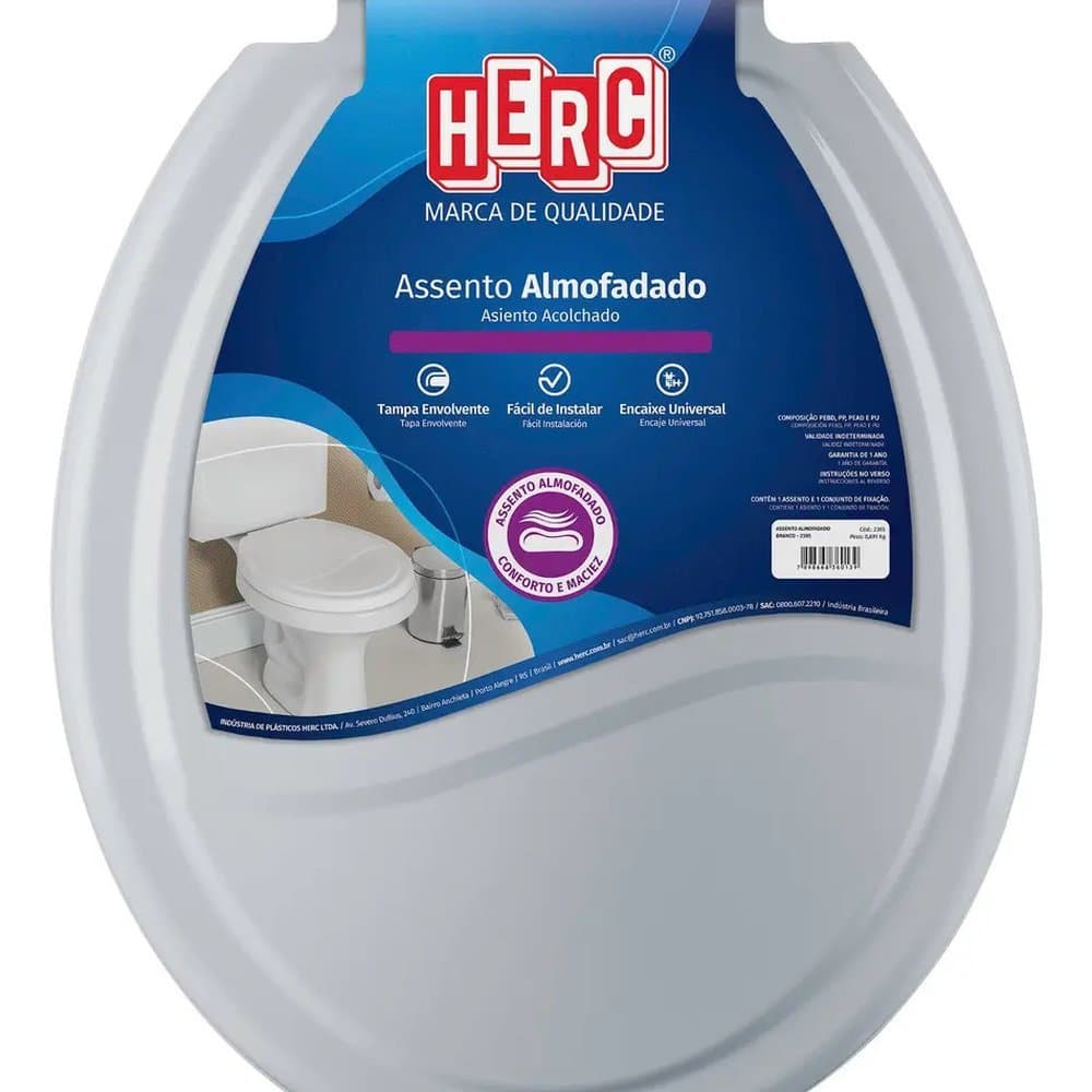 Assento Sanitário Almofadado Convencional Cinza Escuro Herc Macio com Tampa para Vaso Oval Banheiro