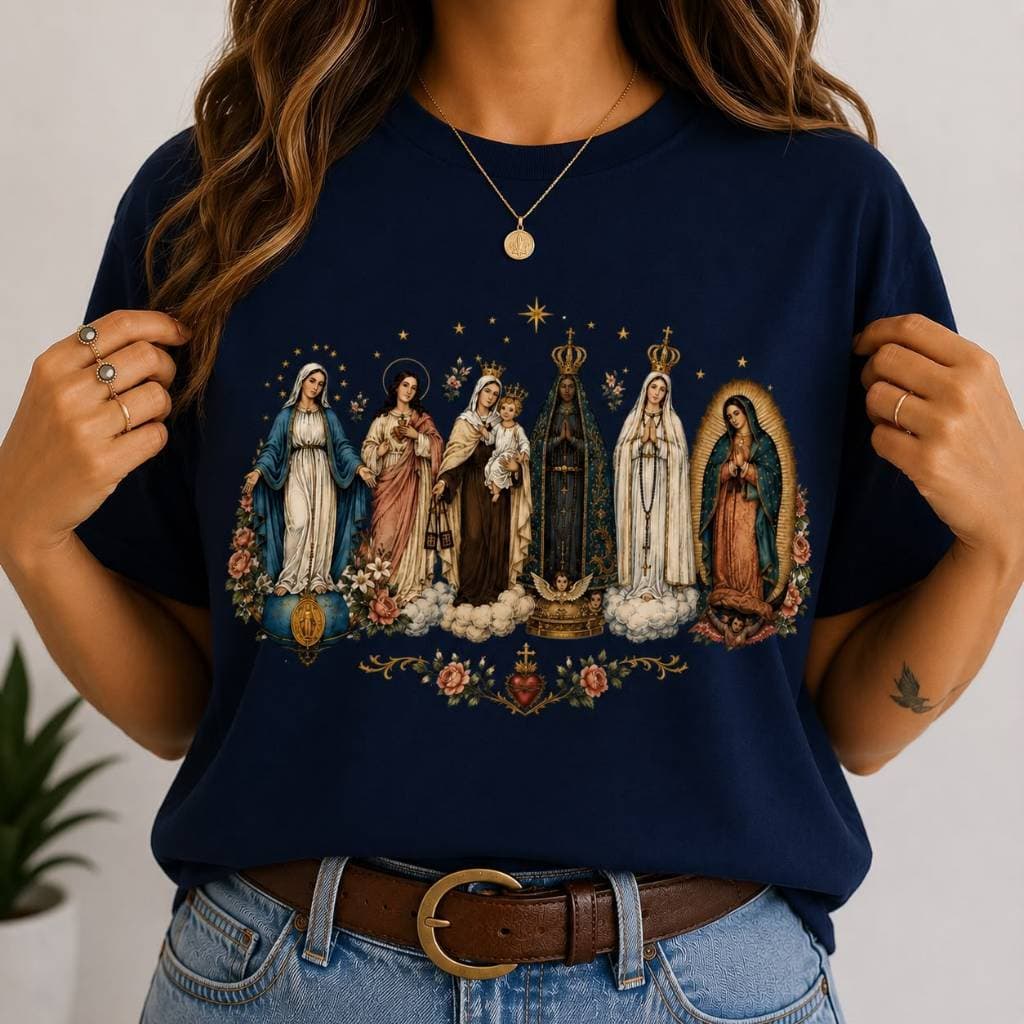 Camiseta Católica Nossa Senhora Feminina 100% Algodão Estampa Religiosa Cristã Premium