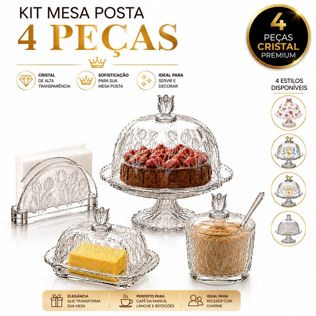Kit Mesa Posta Cristal Luxo Boleira Açucareiro Porta Guardanapo Queijeira Manteigueira