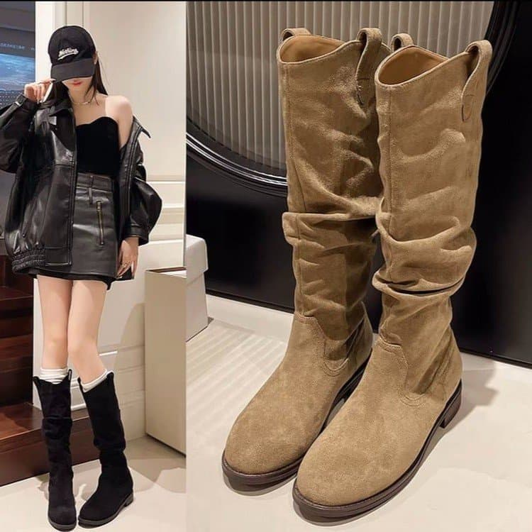 Botas femininas com bico redondo, salto grosso, salto médio em camurça, botas longas, botas de moda sem cadarço.