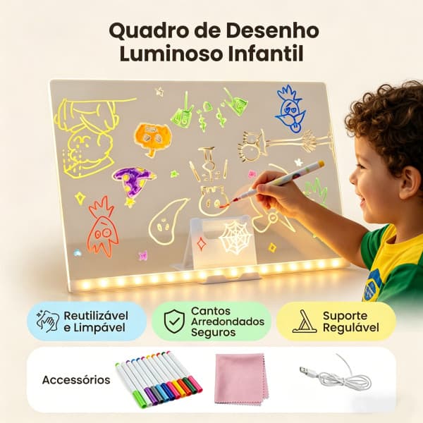 Luminária LED 30x20 cm, Lousa de Acrílico para Escrever com Caneta Apagável USB, Quadro de Recados de Mesa