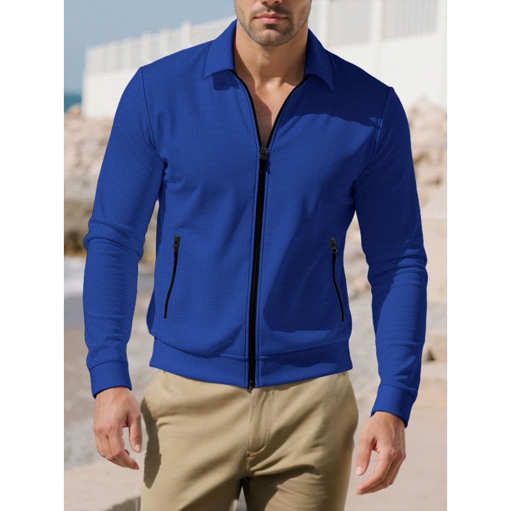 [Venda quente] Jaqueta masculina Casual Waffle cor sólida bolso Slim fit com zíper jaqueta masculina [envio rápido]