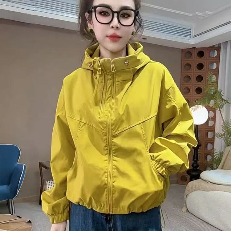 Jaqueta à prova de vento com capuz jaqueta feminina 2026 primavera outono novo estilo pequeno Design solto Top jaqueta c