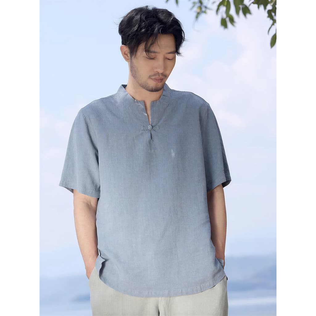 Nan estilo chinês Ramie camiseta de manga curta masculina verão novo produto estilo fino abotoado camiseta topo solto co