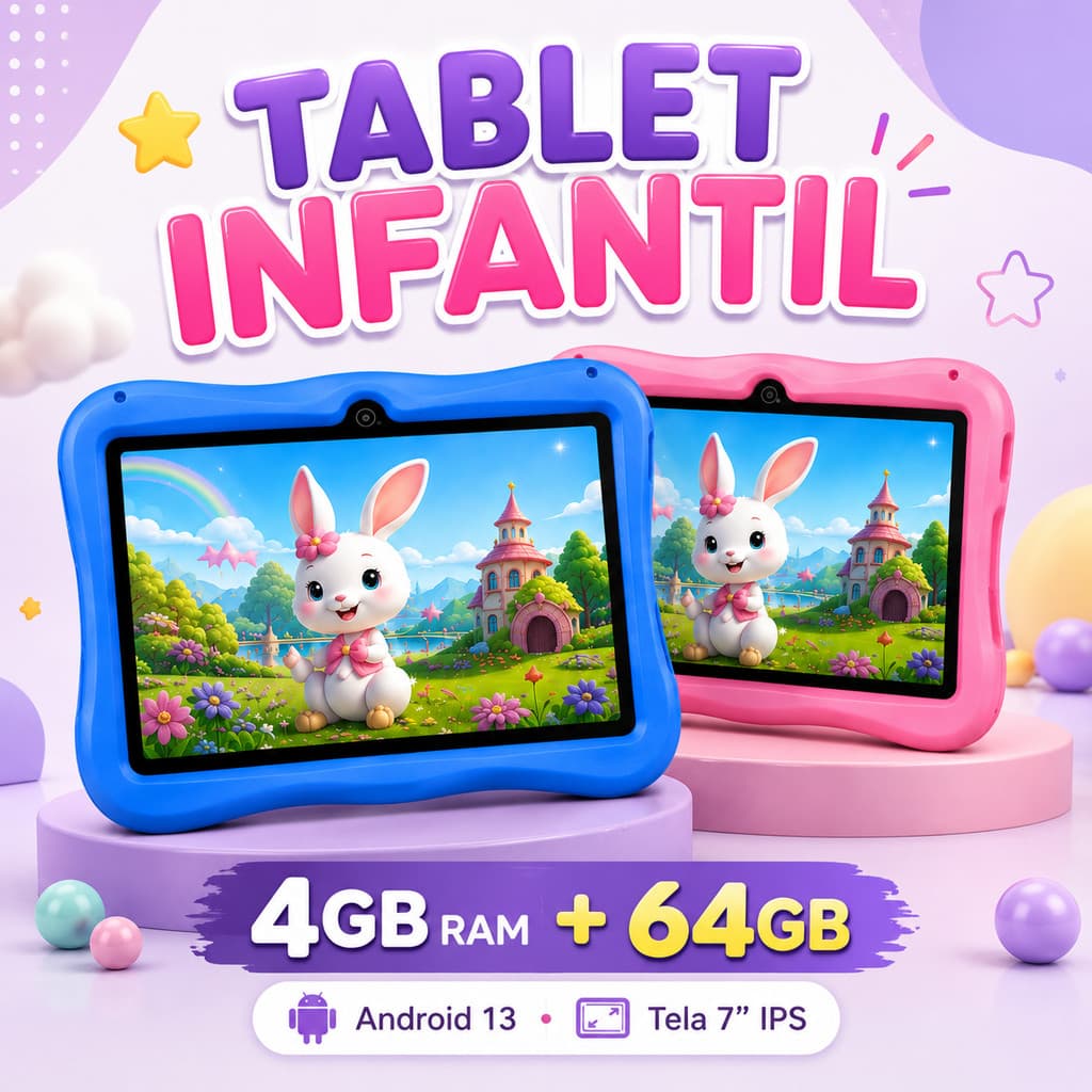 Tablet Kids Infantil Educativo 7” 4GB RAM 64GB Android 13 Play Store Wi-Fi Capa com Suporte e Caneta