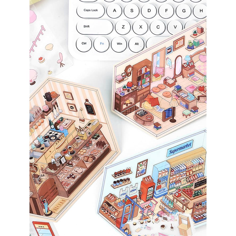 Adesivo de paisagismo PET2.5D à prova d'água, série de canto pequeno, cabine em miniatura de desenho animado, Material d