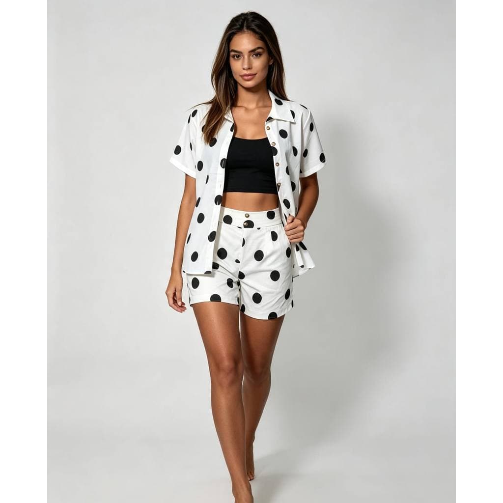 Conjunto Feminino POÁ 2 Peças  Camisa Manga Curta e Short com Elastex e bosos