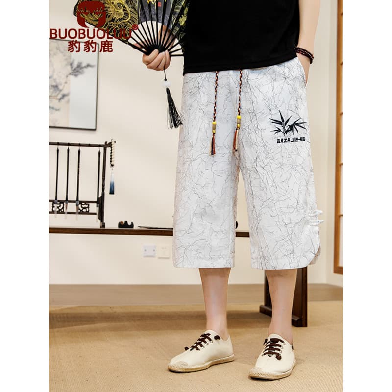 Shorts de verão de seda gelo Casual rápido chinês calças cortadas na moda juventude estilo nacional nacional na moda cal