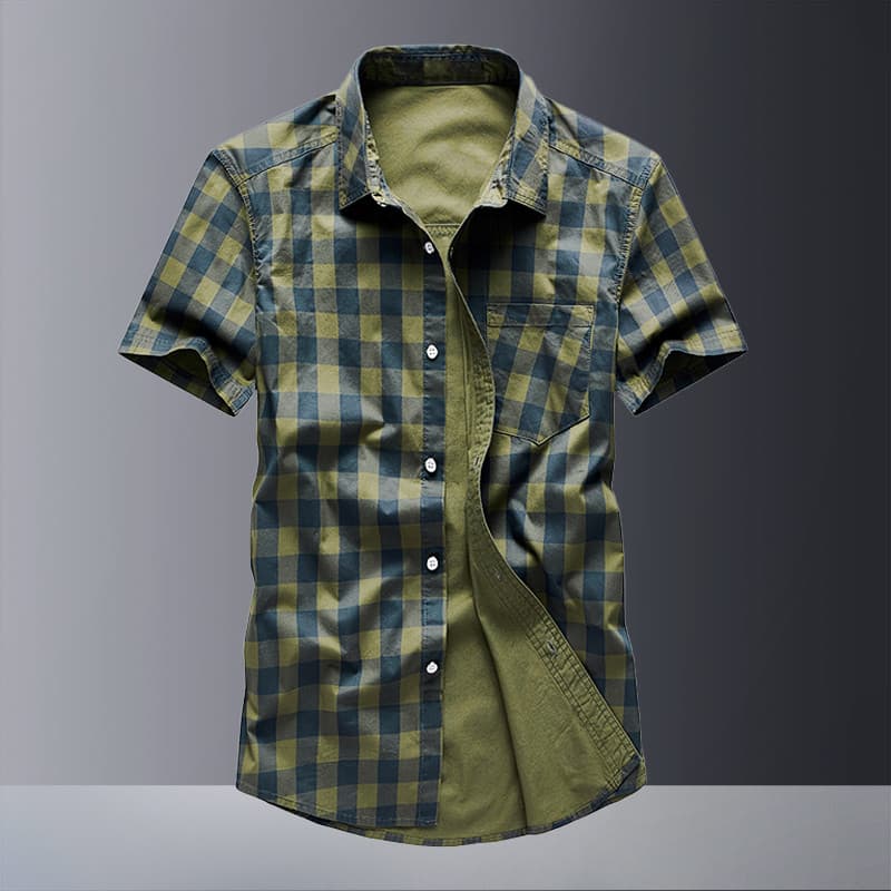 2025 verão puro algodão de manga curta camisa masculina de meia manga fina solta topo xadrez meia manga camisa Casual T