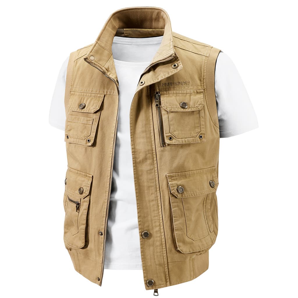 Multi-bolso puro algodão colete masculino primavera outono de meia-idade solto pai masculino Casual colete de pesca cole