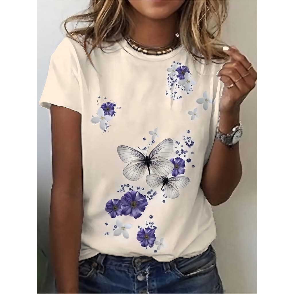 Impressão 3D, camiseta Casual, camiseta feminina com estampa de borboleta, manga curta, gola redonda, camiseta feminina