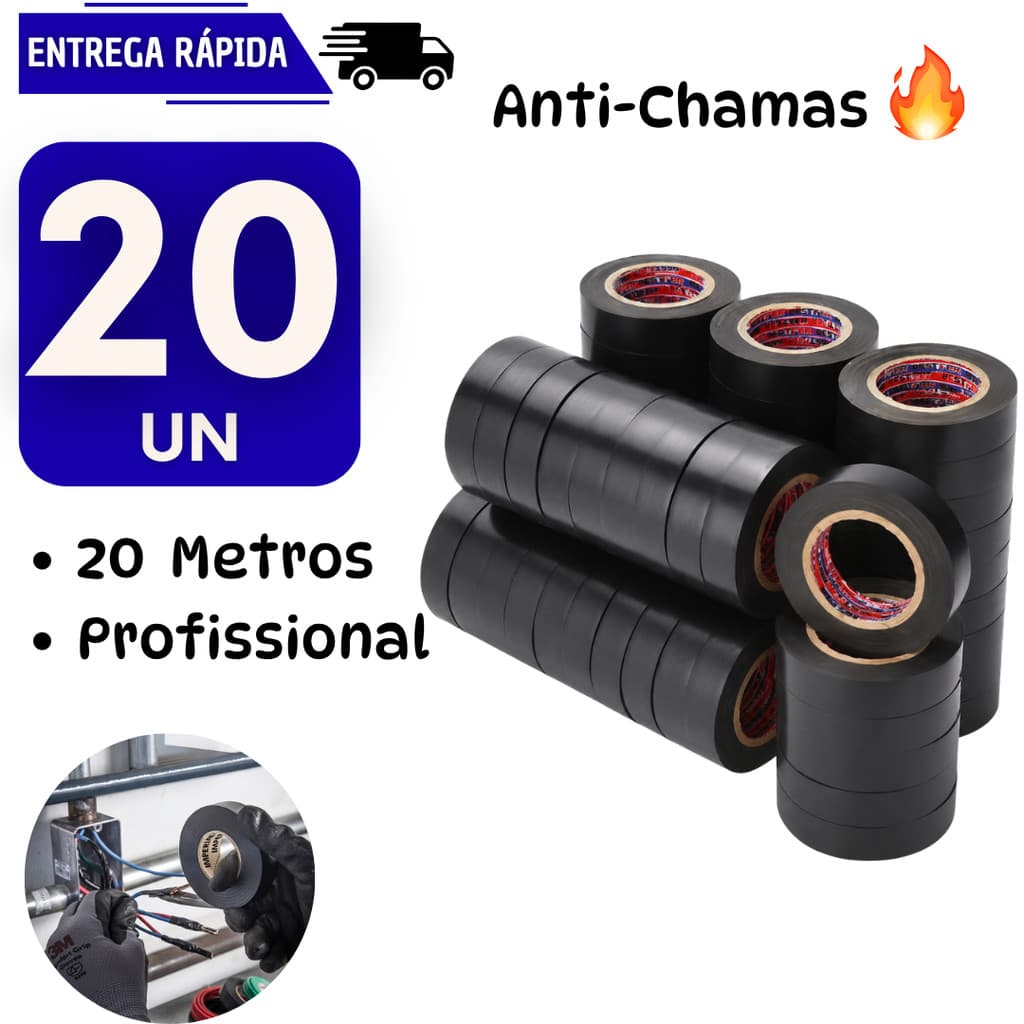 20 Fita Isolante Preta 20 metros Anti Chamas Instalação Elétrica Alta Resistente Fitas Fio Fogo Cabos