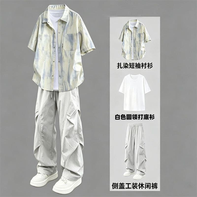 Terno de três peças] Street Wear Camisa de manga curta Terno Meninos Adolescentes Combinando Ruffian Bonito Macacão Trou