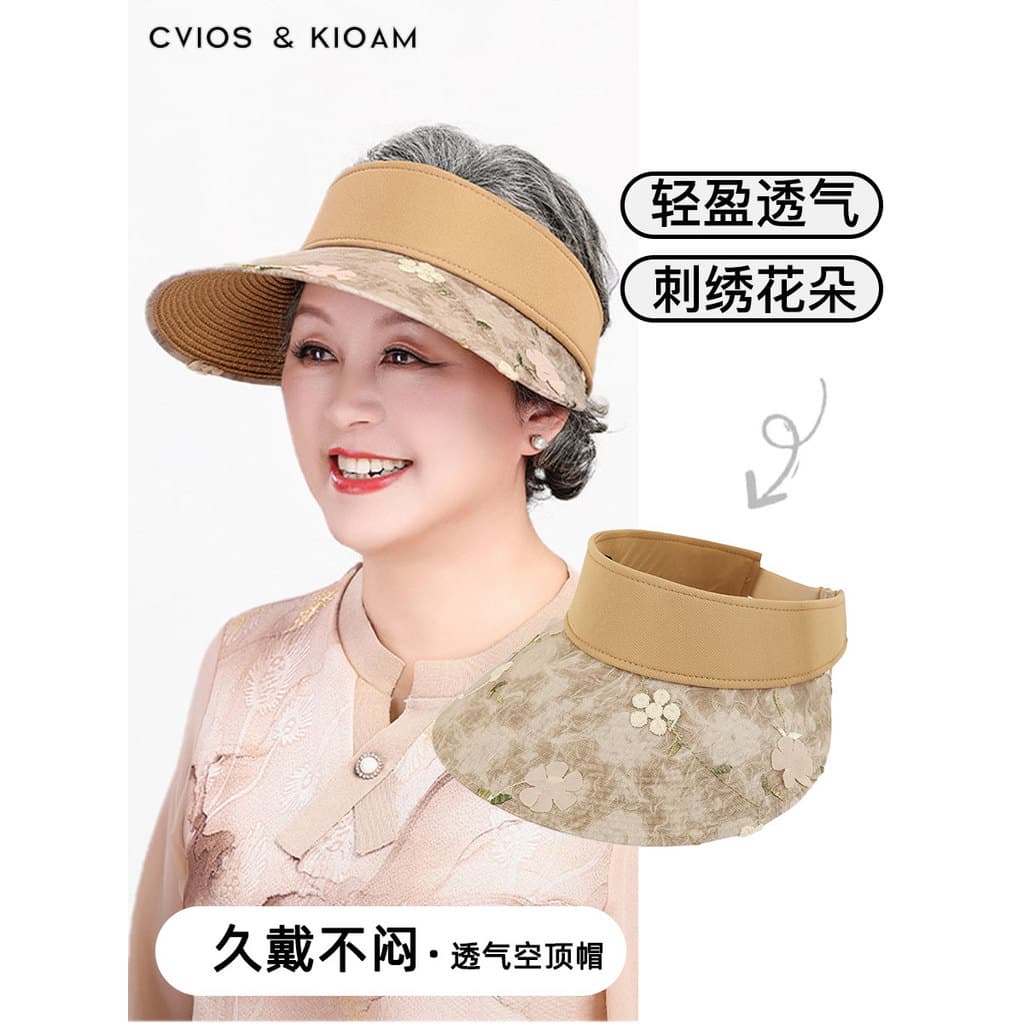 CviosKioam Mãe Idosa de Meia-idade Ajustável Verão Estilo Fino Oco Top Chapéu de Sol Feminino Bordado de Flores