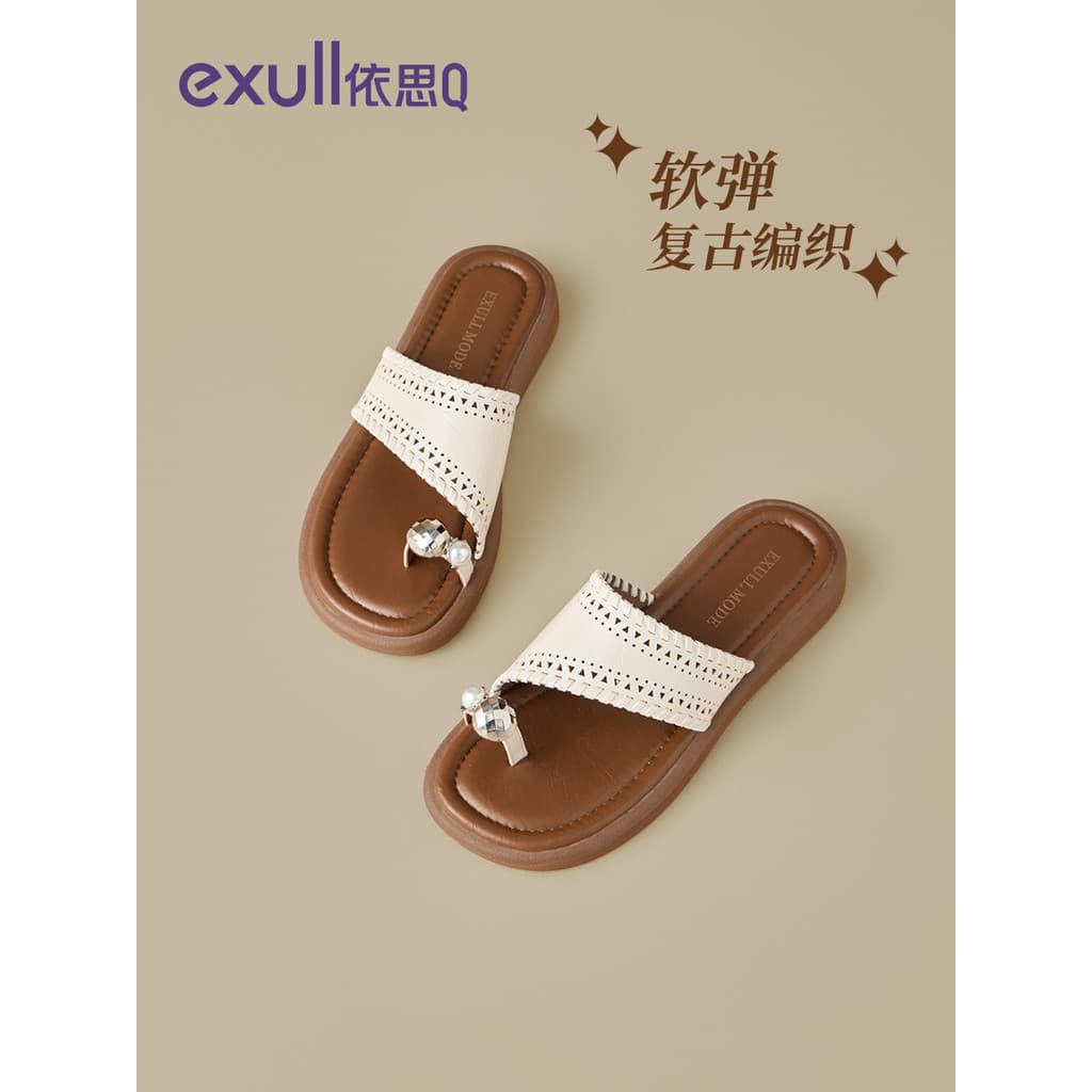 Yisi q chinelos de dedo do pé feminino exterior Wear 2026 novo estilo verão beira-mar bela saia combinando tecido sandál