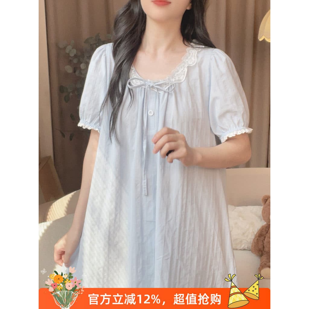 Camisola feminina verão manga curta puro algodão algodão pijamas feminino verão fino doce solto pode usar pijamas exteri