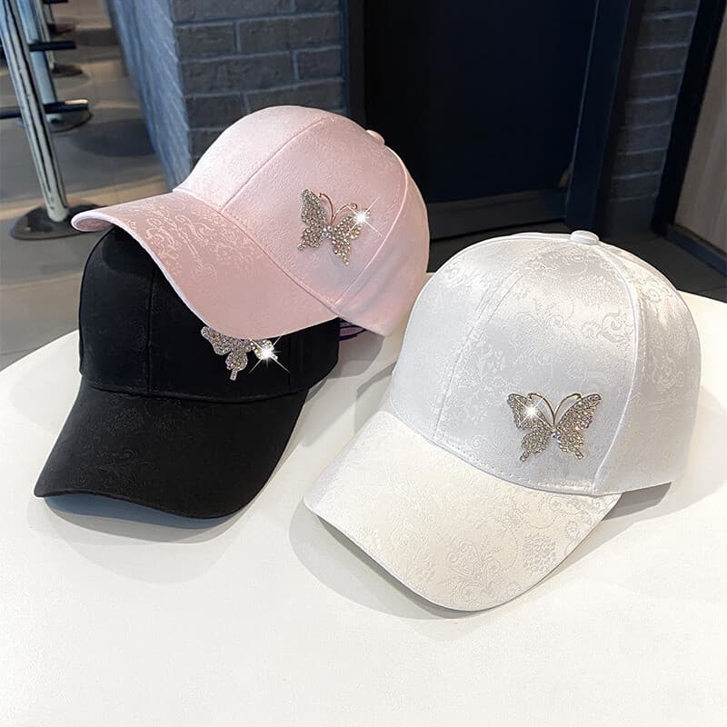 Boné de Beisebol Feminino com Strass e Borboleta, Chapéu Versátil para Primavera/Verão com Padrão de Renda