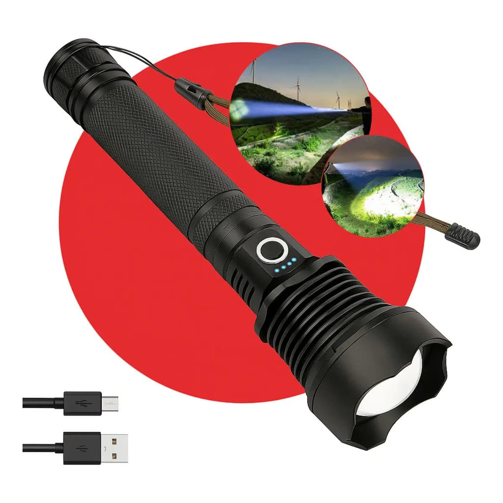 Lanterna Tática LED YBF P90, com função de zoom e carregamento USB