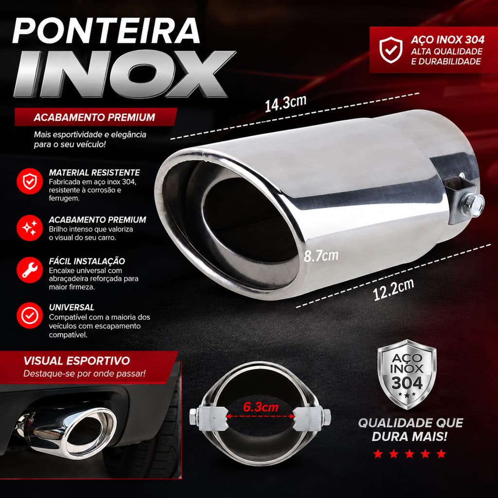 Ponteira Escapamento carro Esportiva Automotivo Inox Modelo Reto umniversal