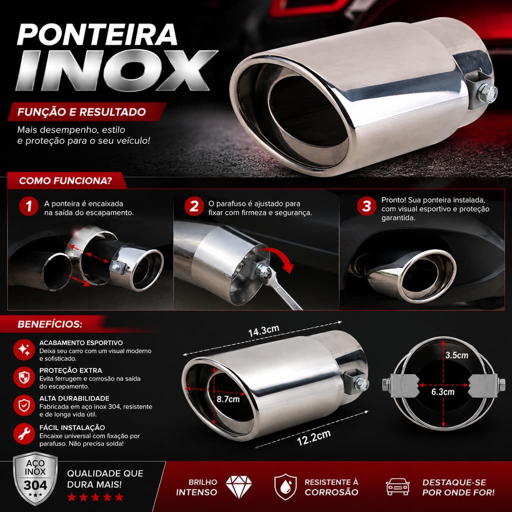 Ponteira para carro Escapamento Esportiva Automotivo Inox Modelo Reto umniversal