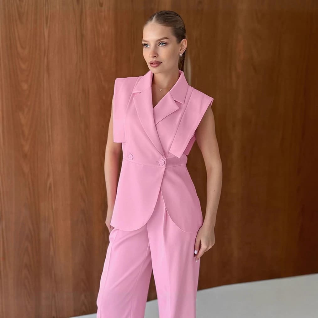 Conjunto De Terno Feminino Rosa Europeu E Americano Commuter Colete Calças De Duas Peças Roupas Femininas Profissionais