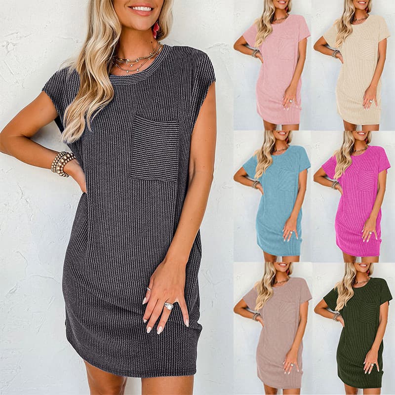 2026 roupas femininas estação independente verão Casual contraste cor onda listra vestido de bolso de manga curta femini