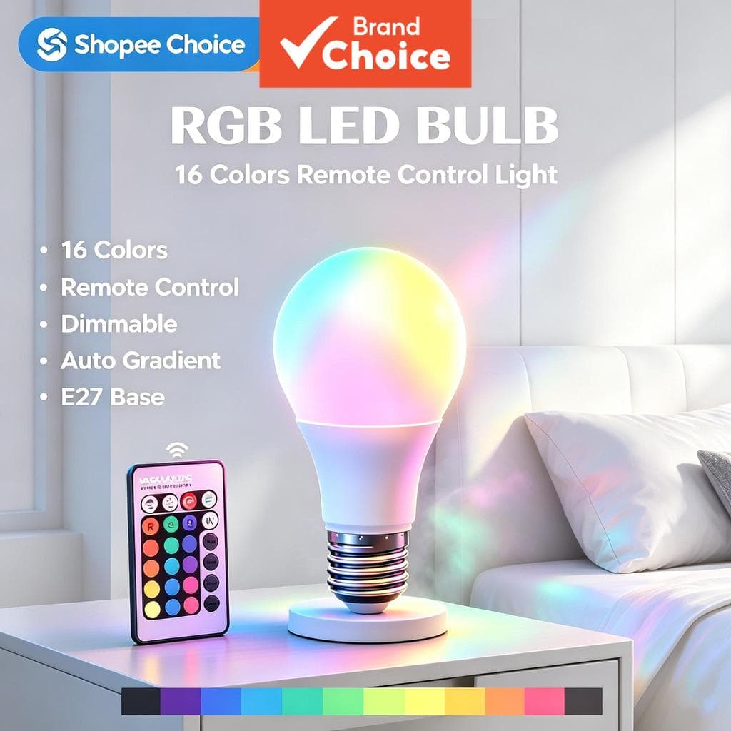 Lâmpada RGB Multicolorida AXUS A60 E27 220V LED, 16 Cores, Dimerizável, Controle Remoto 24 Teclas, Lâmpada Inteligente