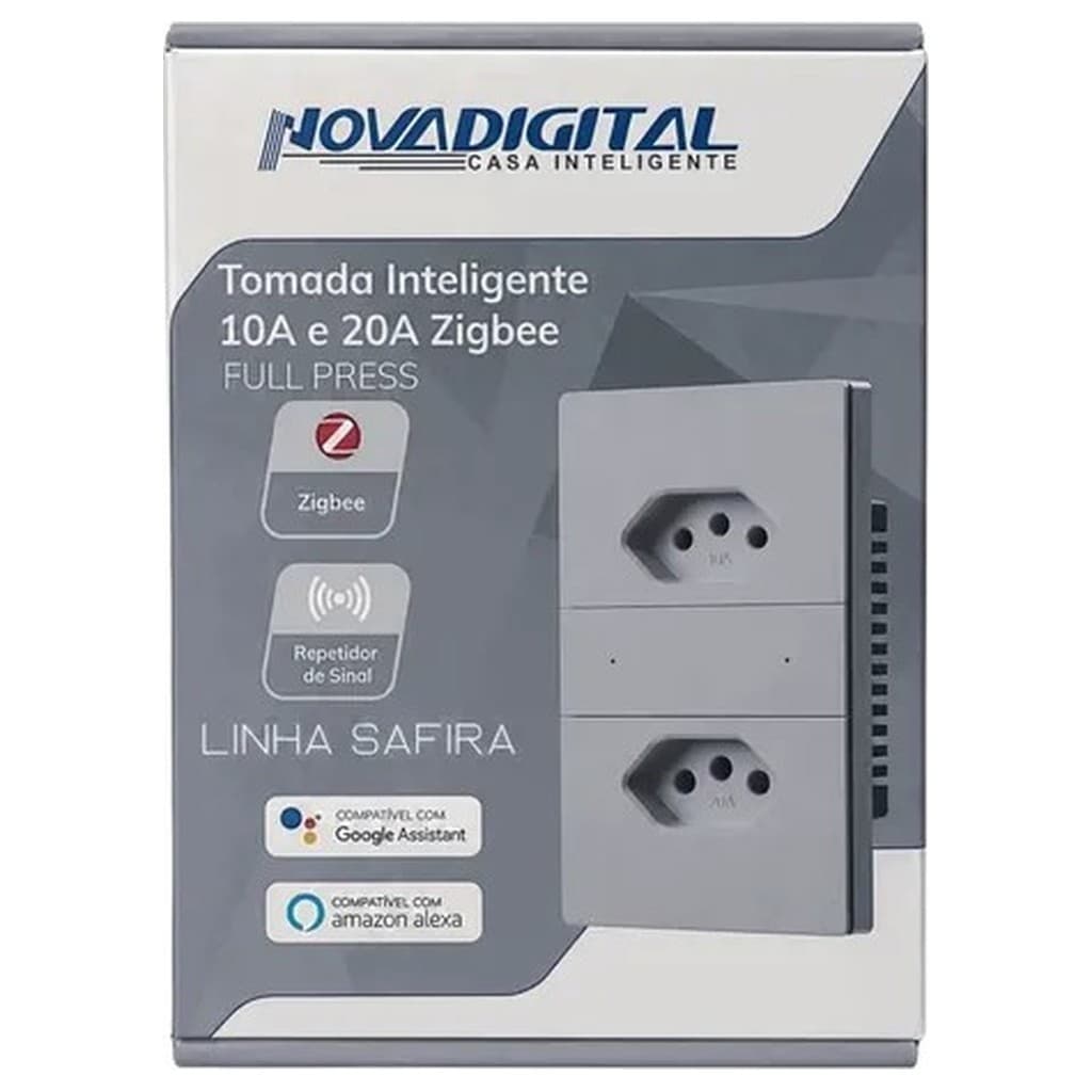 Tomada Dupla Inteligente NovaDigital Sat2 Safira Cinza Escuro 20A ZigBee Alexa Google Assistente Voz Mesh Repetidor