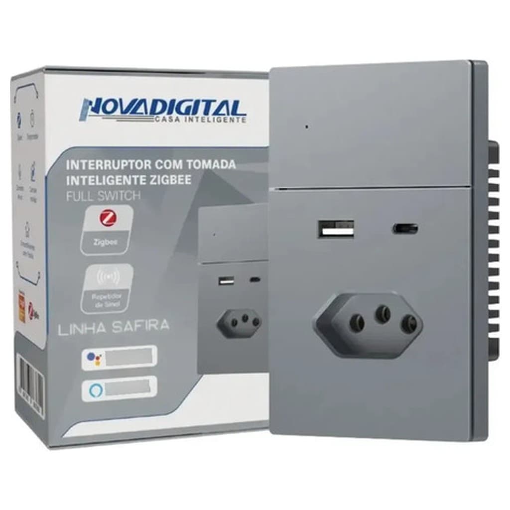 Interruptor Inteligente Novadigital Safira 1 Sessão Tomada 10/20A USB Tipo C Cinza Compatível Alexa Google