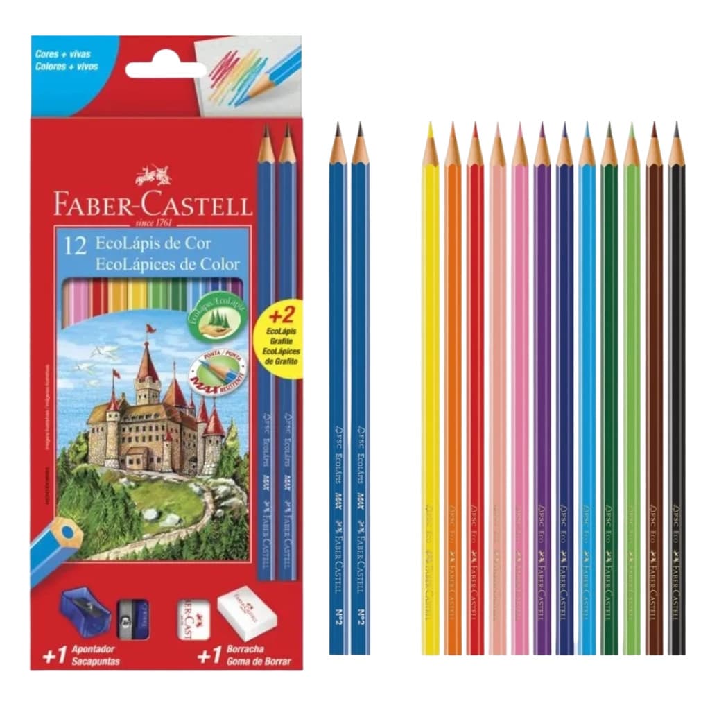 Lapis de Cor Faber 12 Cores Com 2 Lapis Preto mais 1 Apontador mais 1 Borracha