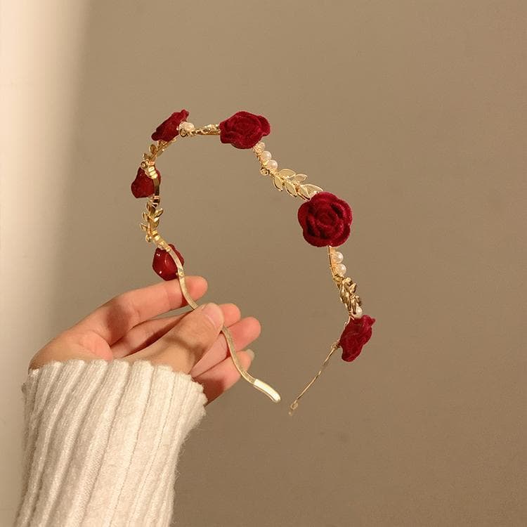 Francês Retro seco rosa flor vermelha pérola bandana feminino High-End nicho Hairpin bandana nupcial Headwear