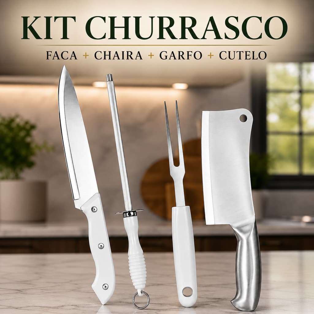 Kit Churrasco Profissional 4 Peças Faca 8" + Cutelo 27cm + Garfo Trinchante + Chaira Amolador