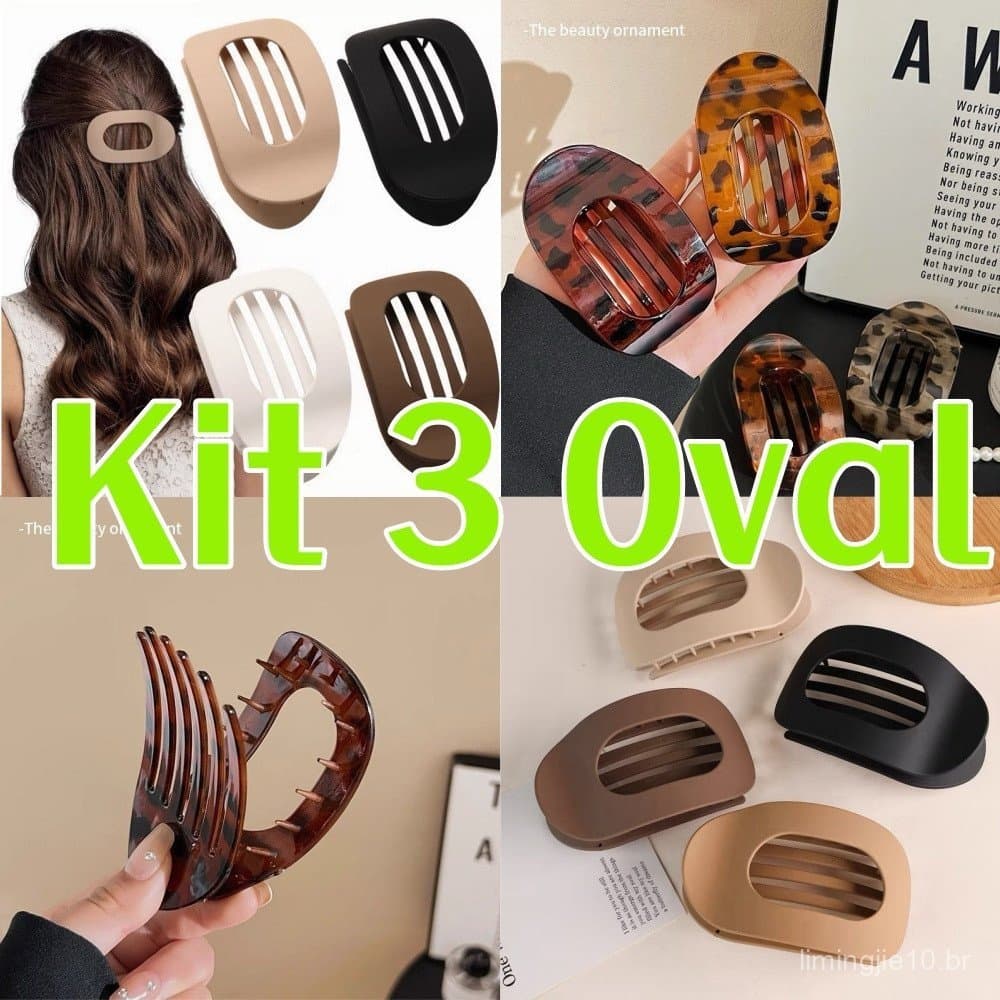 KIT 3 Pcs Cabelo Oval De Presilhas Coreanas-Acessórios Vintage brilhante e fosco Aleatoria