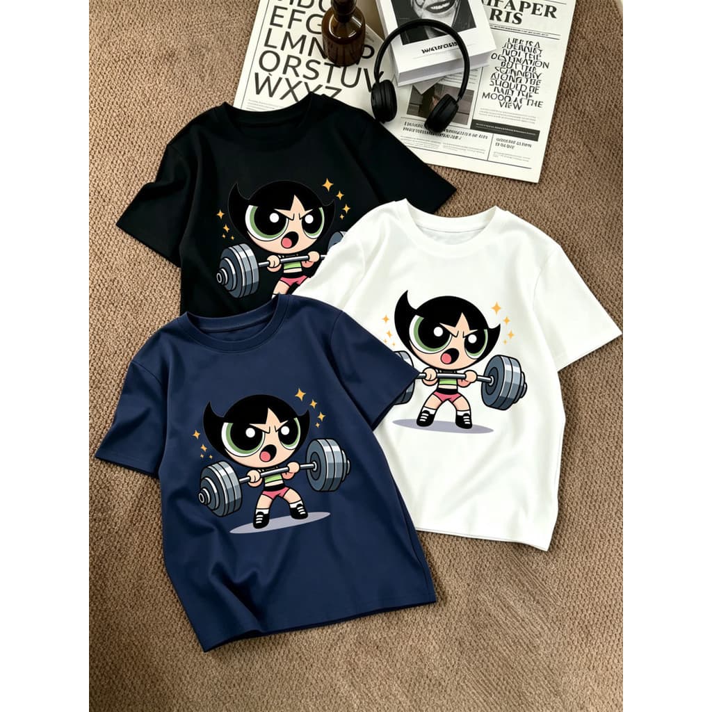 3PCS Camiseta de manga curta 100% algodão com estampa de garota cartoon levantando halteres – modelo folgado para uso di