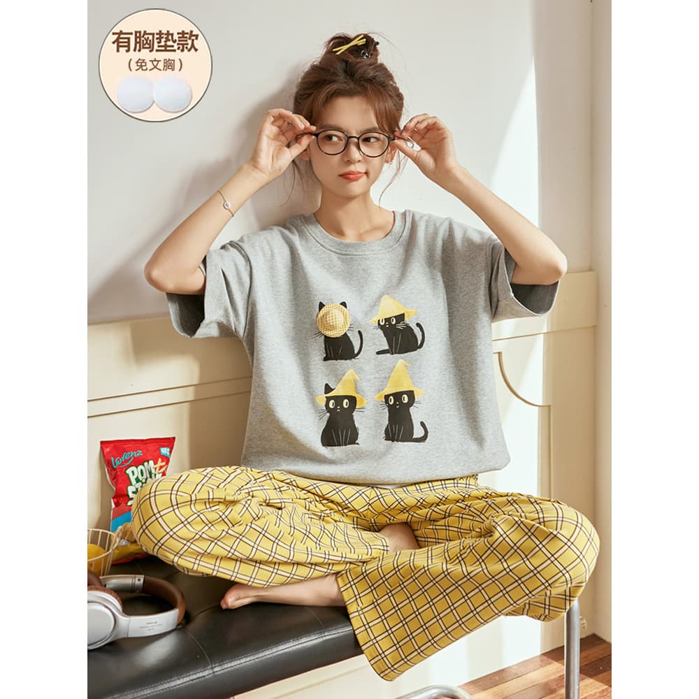 Pijamas femininos verão com almofada no peito calças de manga curta 2025 novo estilo puro algodão feminino pode usar for
