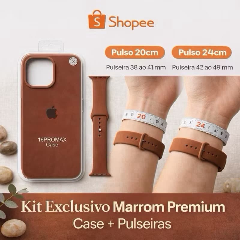 Kit Capa Veludo IPhone Marrom + Pulseira Marrom
