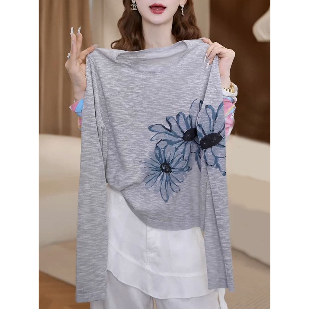 Azul impresso gelo seda protetor solar blusa feminina verão branco manga comprida camiseta 2026 novo estilo moda redução