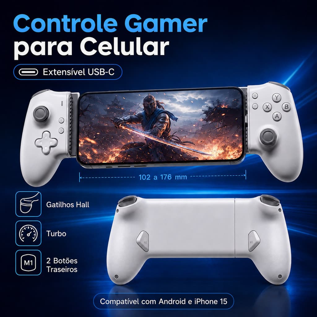Controle Gamer USB-C para Celular com Joystick Hall Gatilhos Rápidos Turbo e Mapeamento