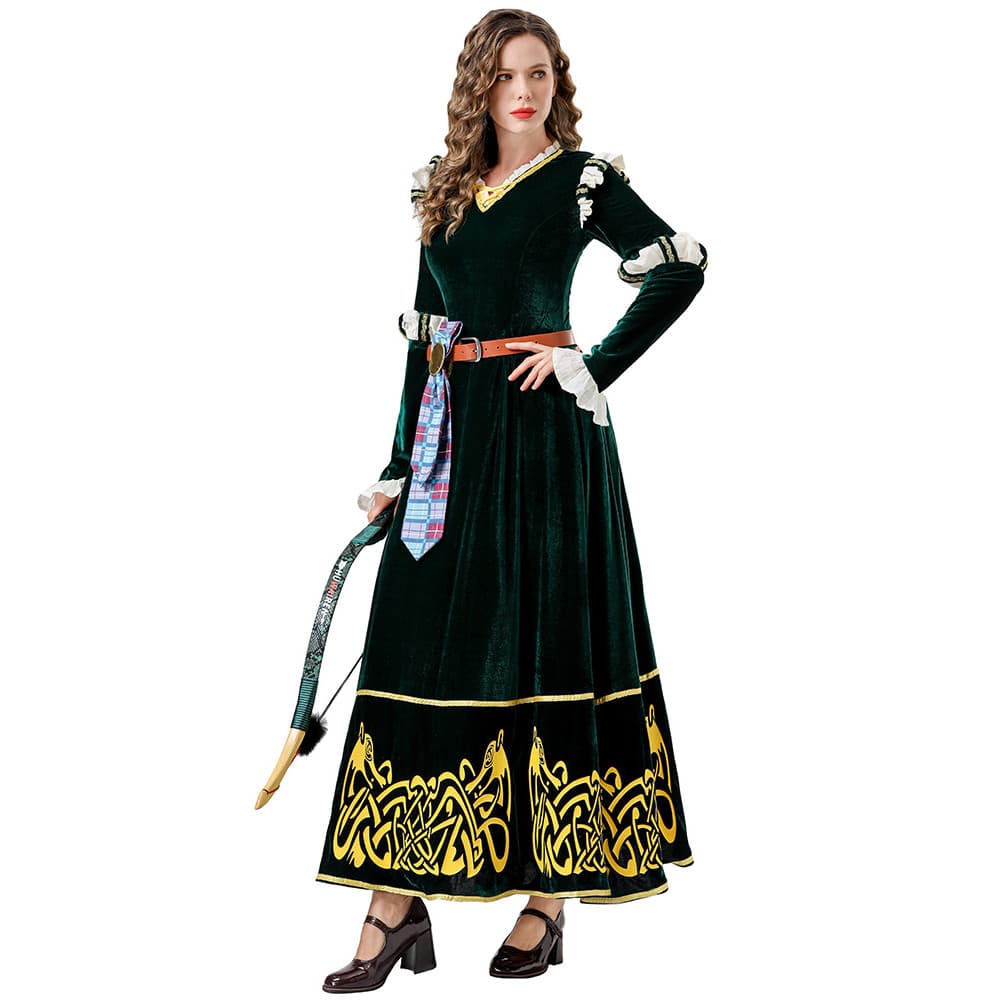 [Novo produto] Fantasia de Halloween Palácio Medieval Retro Verde Escuro Saia Longa Brave Legend Merida Role Playing [Ve