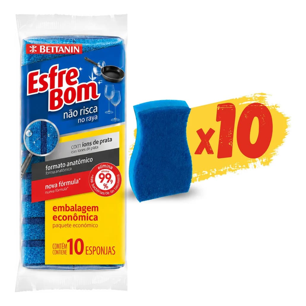 Kit Esponja Esfrebom Não Risca com Íons de Prata para Louça Cozinha Antiaderente Inox Vidro – 10 a 50 Unidades