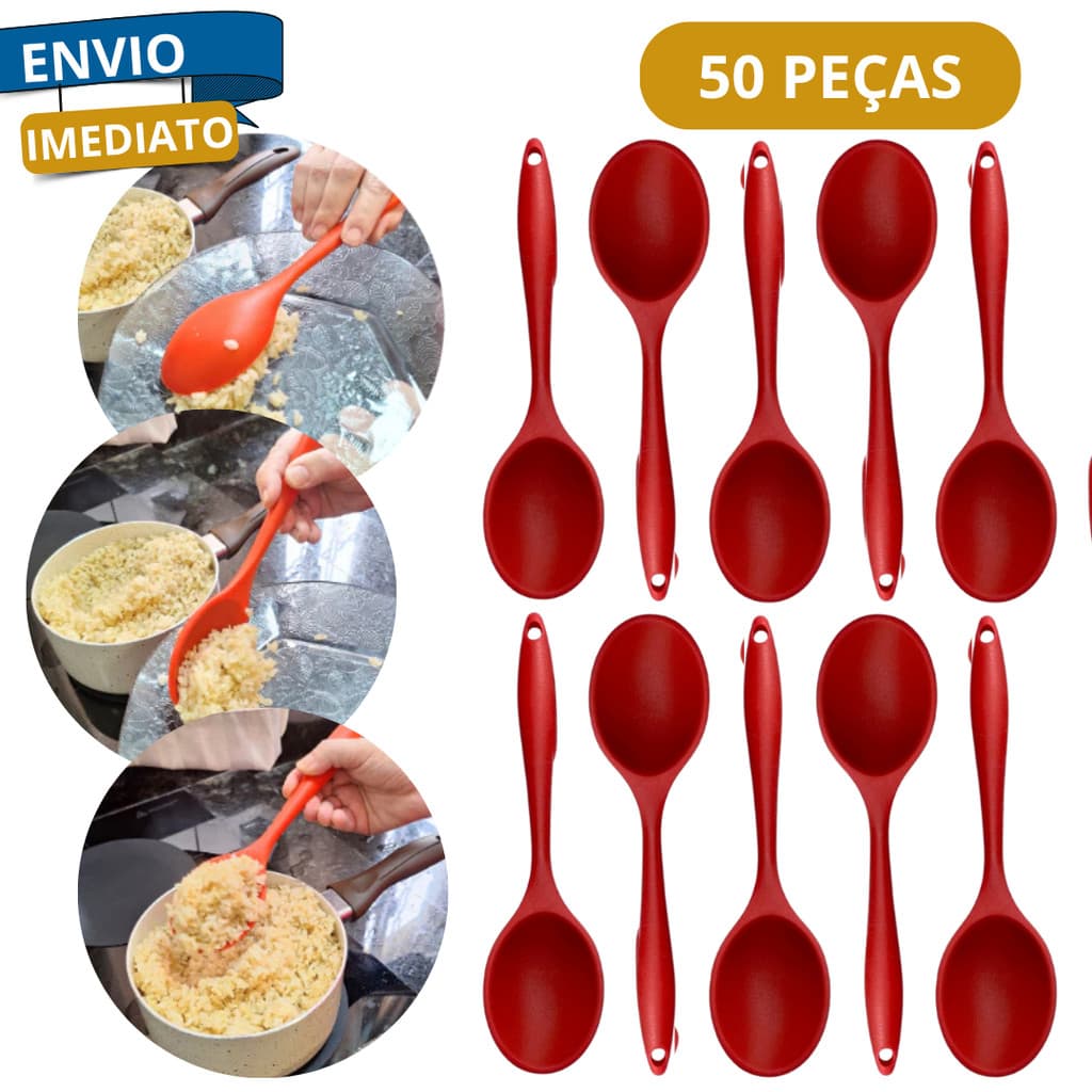 Kit 50 Colheres De Arroz Silicone 27cm Não Risca Panelas Utensilio Servir Culinário Antiaderente