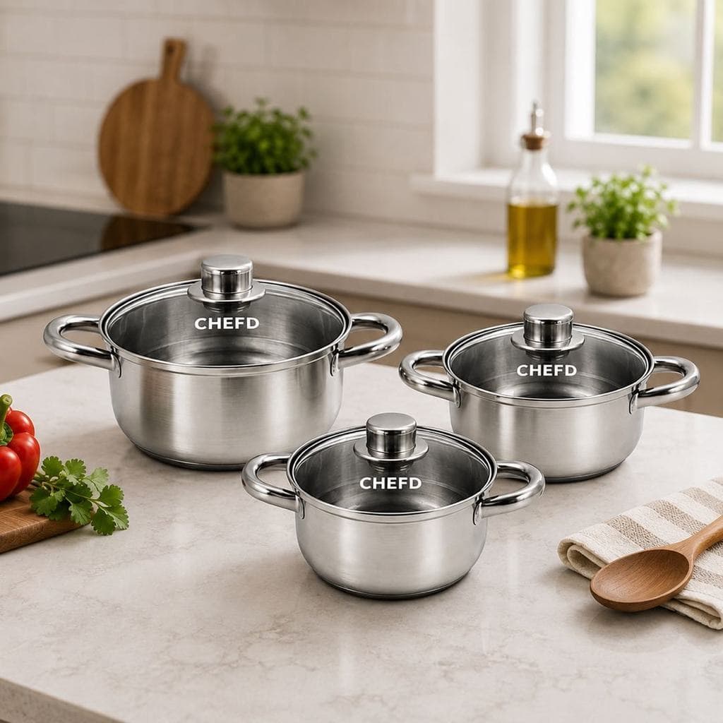 Jogo de Panelas Aço Inox 3 Peças Tampa Vidro Fundo Triplo Indução e Gás Conjunto Cozinha CHEF D