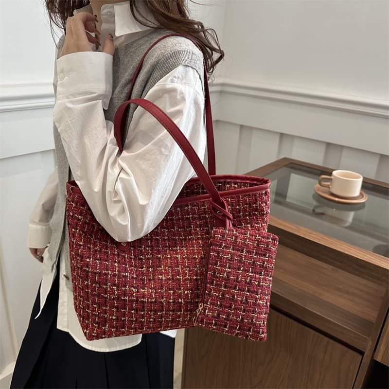 Outono inverno grande capacidade verificado saco feminino sacola All-Match Commuter bolsa de ombro de lã 2026 outono W