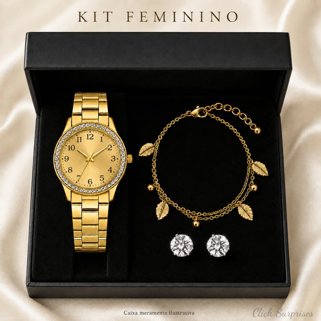 Kit Feminino Relógio Analógico com Pulseira e Brincos Elegante e luxuoso para Presente