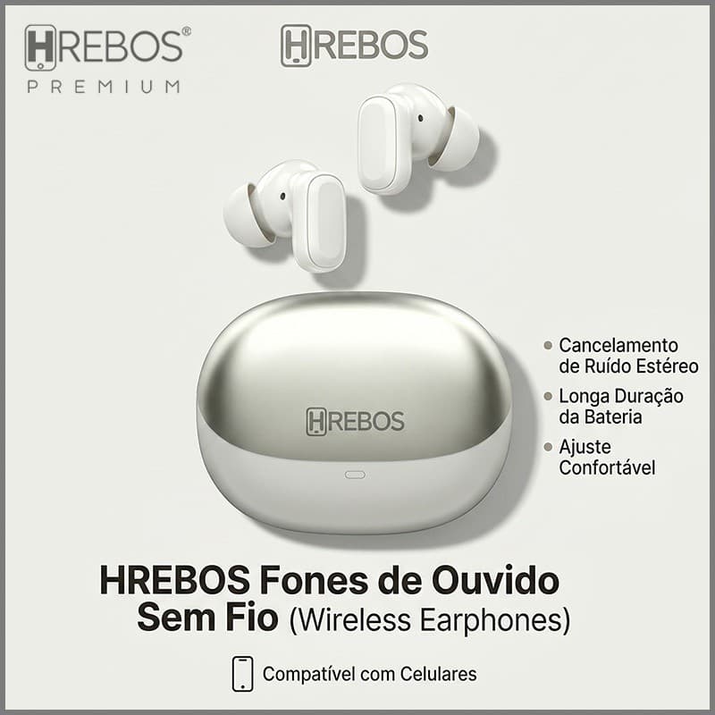 HREBOS Fone Bluetooth TWS EB-301,Design Premium, Áudio Estéreo, Chamadas Nítidas, USB‑C, Compatível Android e iPhone